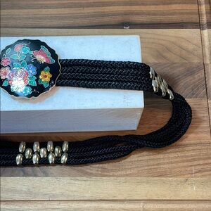 Vintage Cloisonne Floral Buckle Black Braided Cord Statement Belt Womens BohoArt